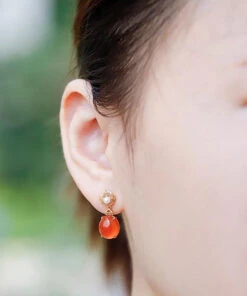 Simple Red 18K Gold Inlaid Jade Agate Drop Earrings LY9214 -Ada Fashion Simple Red 18K Gold Inlaid Jade Agate Drop Earrings3
