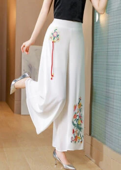 Simple White Embroideried Tassel Chiffon Straight Pants Summer LY0456 -Ada Fashion Simple White Embroideried Tassel Chiffon Straight Pants Summer3