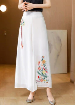 Simple White Embroideried Tassel Chiffon Straight Pants Summer LY0456 -Ada Fashion Simple White Embroideried Tassel Chiffon Straight Pants Summer4
