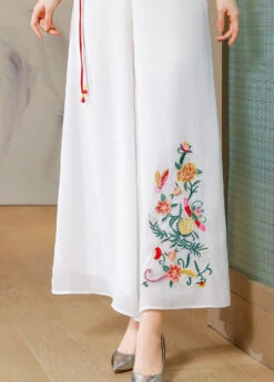 Simple White Embroideried Tassel Chiffon Straight Pants Summer LY0456 -Ada Fashion Simple White Embroideried Tassel Chiffon Straight Pants Summer5
