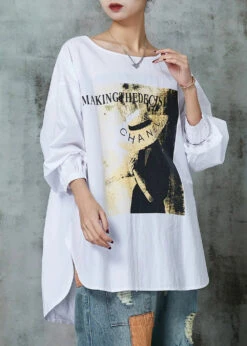 Simple White Oversized Print Cotton Blouses Spring JK1036 -Ada Fashion Simple White Oversized Print Cotton Blouses Spring Ada Fashion 183449278