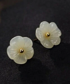 Simple White Sterling Silver Inlaid Jade Floral Stud Earrings LY8559