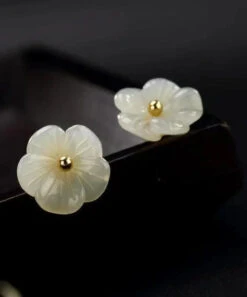 Simple White Sterling Silver Inlaid Jade Floral Stud Earrings LY8559 -Ada Fashion Simple White Sterling Silver Inlaid Jade Floral Stud Earrings Ada Fashion 150911793
