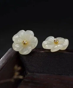Simple White Sterling Silver Inlaid Jade Floral Stud Earrings LY8559 -Ada Fashion Simple White Sterling Silver Inlaid Jade Floral Stud Earrings Ada Fashion 150911820