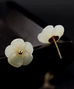 Simple White Sterling Silver Inlaid Jade Floral Stud Earrings LY8559 -Ada Fashion Simple White Sterling Silver Inlaid Jade Floral Stud Earrings Ada Fashion 150911922