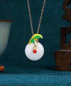 Simple White Sterling Silver Overgild Jade Ginkgo Leaf Ping Buckle Pendant Necklace KX1076 -Ada Fashion Simple White Sterling Silver Overgild Jade Ginkgo Leaf Ping Buckle Pendant Necklace4
