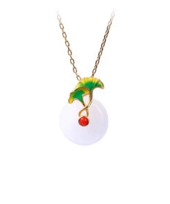 Simple White Sterling Silver Overgild Jade Ginkgo Leaf Ping Buckle Pendant Necklace KX1076 -Ada Fashion Simple White Sterling Silver Overgild Jade Ginkgo Leaf Ping Buckle Pendant Necklace5
