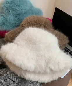 Simple White Warm Fleece Thick Solid Bucket Hat LY509 -Ada Fashion Simple White Warm Fleece Thick Solid Bucket Hat4