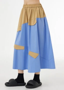 Sky Blue Pockets Elastic Waist Patchwork Cotton Maxi Skirts Wrinkled LY9341 -Ada Fashion Sky Blue Pockets Elastic Waist Patchwork Cotton Maxi Skirts Wrinkled3