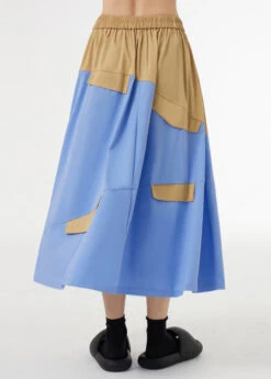 Sky Blue Pockets Elastic Waist Patchwork Cotton Maxi Skirts Wrinkled LY9341 -Ada Fashion Sky Blue Pockets Elastic Waist Patchwork Cotton Maxi Skirts Wrinkled4