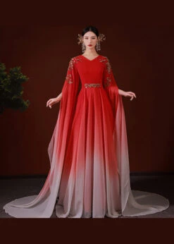 Slim Fit Red Gradient V Neck Nail Bead Patchwork Chiffon Maxi Dresses Fall ML1607 -Ada Fashion Slim Fit Red Gradient V Neck Nail Bead Patchwork Chiffon Maxi Dresses Fall2