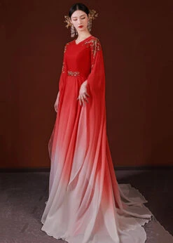 Slim Fit Red Gradient V Neck Nail Bead Patchwork Chiffon Maxi Dresses Fall ML1607