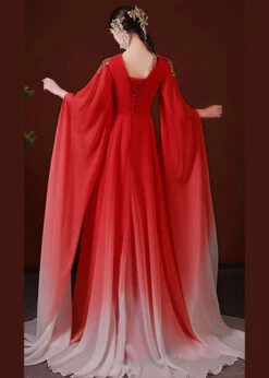 Slim Fit Red Gradient V Neck Nail Bead Patchwork Chiffon Maxi Dresses Fall ML1607 -Ada Fashion Slim Fit Red Gradient V Neck Nail Bead Patchwork Chiffon Maxi Dresses Fall4