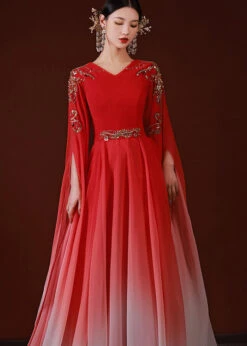 Slim Fit Red Gradient V Neck Nail Bead Patchwork Chiffon Maxi Dresses Fall ML1607 -Ada Fashion Slim Fit Red Gradient V Neck Nail Bead Patchwork Chiffon Maxi Dresses Fall5