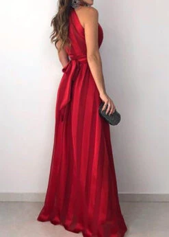 Slim Fit Red V Neck Tie Waist Cotton Dress Sleeveless AA1058 -Ada Fashion Slim Fit Red V Neck Tie Waist Cotton Dress Sleeveless3