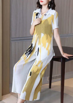 Slim Fit White Peter Pan Collar Print Wrinkled Shirt And Pant Two Piece Set Summer LY2780