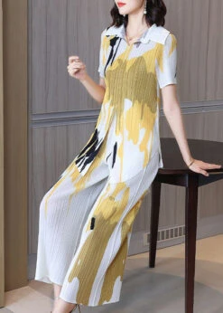 Slim Fit White Peter Pan Collar Print Wrinkled Shirt And Pant Two Piece Set Summer LY2780 -Ada Fashion Slim Fit White Peter Pan Collar Print Wrinkled Shirt And Pant Two Piece Set Summer3