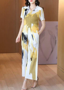 Slim Fit White Peter Pan Collar Print Wrinkled Shirt And Pant Two Piece Set Summer LY2780 -Ada Fashion Slim Fit White Peter Pan Collar Print Wrinkled Shirt And Pant Two Piece Set Summer5