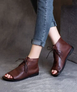 Soft Brown Flat Sandals Boots Cowhide Leather Peep Toe Splicing Lace Up LY7690 -Ada Fashion Soft Brown Flat Sandals Boots Cowhide Leather Peep Toe Splicing Lace Up3