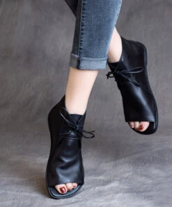 Soft Brown Flat Sandals Boots Cowhide Leather Peep Toe Splicing Lace Up LY7690 -Ada Fashion Soft Brown Flat Sandals Boots Cowhide Leather Peep Toe Splicing Lace Up4