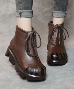 Soft Splicing Lace Up Platform Boots Dark Brown Cowhide Leather ML1692