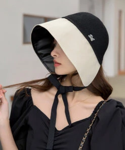 Style Beige Black Patchwork Neck TIie Bucket Hat LY542 -Ada Fashion Style Beige Black Patchwork Neck TIie Bucket Hat3