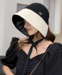 Style Beige Black Patchwork Neck TIie Bucket Hat LY542 -Ada Fashion Style Beige Black Patchwork Neck TIie Bucket Hat4
