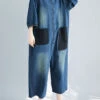 Style Blue Stand Collar Oversized Patchwork Pockets Denim Jumpsuits Summer LY2371