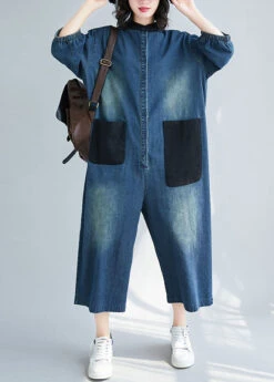 Style Blue Stand Collar Oversized Patchwork Pockets Denim Jumpsuits Summer LY2371 -Ada Fashion Style Blue Stand Collar Oversized Patchwork Pockets Denim Jumpsuits Summer2