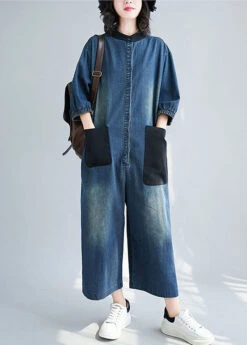 Style Blue Stand Collar Oversized Patchwork Pockets Denim Jumpsuits Summer LY2371 -Ada Fashion Style Blue Stand Collar Oversized Patchwork Pockets Denim Jumpsuits Summer3