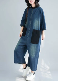 Style Blue Stand Collar Oversized Patchwork Pockets Denim Jumpsuits Summer LY2371 -Ada Fashion Style Blue Stand Collar Oversized Patchwork Pockets Denim Jumpsuits Summer4