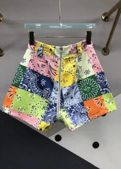 Style Colorblock Zip Up Print Pockets Patchwork Denim Shorts Summer ML0782