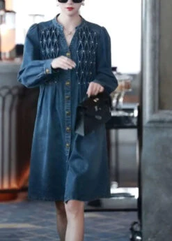 Nail Bead Holiday Long Dress -Ada Fashion Style Denim Blue V Neck Patchwork Nail Bead Holiday Long Dress Fall Ada Fashion 175911651