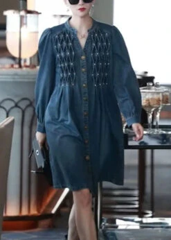 Nail Bead Holiday Long Dress -Ada Fashion Style Denim Blue V Neck Patchwork Nail Bead Holiday Long Dress Fall Ada Fashion 175911810