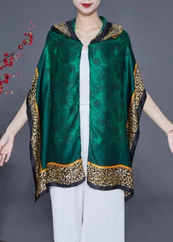 Style Green Hooded Leopard Print Silk Shawl LY2405
