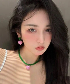 Style Green Pearl Alloy Pink Love Crystal Stud Earrings ML0338