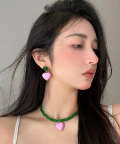 Style Green Pearl Alloy Pink Love Crystal Stud Earrings ML0338 -Ada Fashion Style Green Pearl Alloy Pink Love Crystal Stud Earrings Ada Fashion 161835421