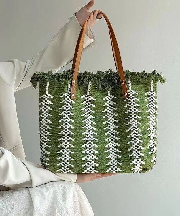 Style Green Tassel Knit Fabric Canvas Tote Handbag LY1386 3 Style Green Tassel Knit Fabric Canvas Tote Handbag LY1386