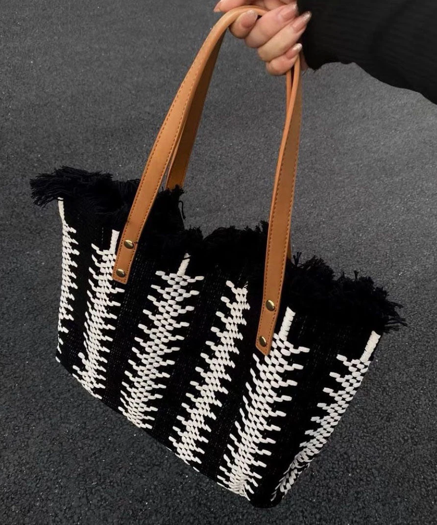 Style Green Tassel Knit Fabric Canvas Tote Handbag LY1386 4 Style Green Tassel Knit Fabric Canvas Tote Handbag LY1386 - Image 2