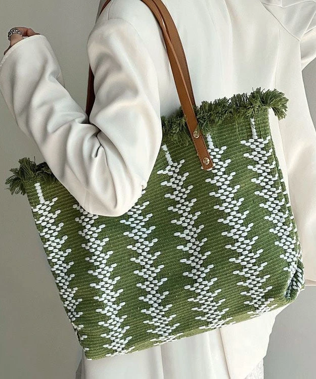Style Green Tassel Knit Fabric Canvas Tote Handbag LY1386 5 Style Green Tassel Knit Fabric Canvas Tote Handbag LY1386 - Image 3