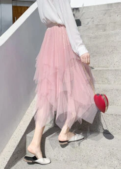 Style Light Blue Asymmetrical Elastic Waist Tulle Skirts Summer QQ1010 -Ada Fashion Style Light Blue Asymmetrical Elastic Waist Tulle Skirts Summer3