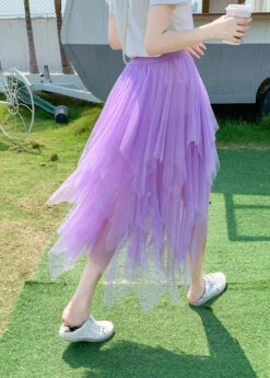 Style Light Blue Asymmetrical Elastic Waist Tulle Skirts Summer QQ1010 -Ada Fashion Style Light Blue Asymmetrical Elastic Waist Tulle Skirts Summer4