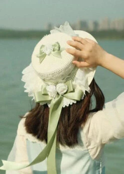 Style Light Green Lace Bow Floral Straw Woven Sun Hat LC0540