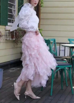 Style Pink Asymmetrical Wrinkled Elastic Waist Tulle Skirts Spring HA1061 -Ada Fashion Style Pink Asymmetrical Wrinkled Elastic Waist Tulle Skirts Spring Ada Fashion 182912875