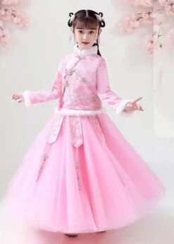 Style Pink Embroideried Warm Fleece Girls Coats And Tulle Maxi Skirts Two Pieces Set Long Sleeve ML0166
