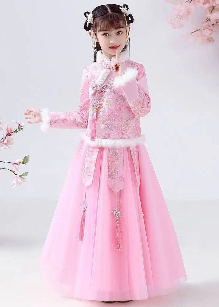Style Pink Embroideried Warm Fleece Girls Coats And Tulle Maxi Skirts Two Pieces Set Long Sleeve ML0166 7 Style Pink Embroideried Warm Fleece Girls Coats And Tulle Maxi Skirts Two Pieces Set Long Sleeve ML0166 - Image 5