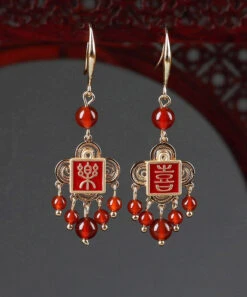 Style Red Copper Agate Cloisonne Graphic Drop Earrings LY2021