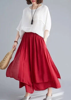 Style Red Elastic Waist Draping Linen Wide Leg Pants Summer LY8652