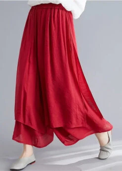 Style Red Elastic Waist Draping Linen Wide Leg Pants Summer LY8652 -Ada Fashion Style Red Elastic Waist Draping Linen Wide Leg Pants Summer Ada Fashion 151393639