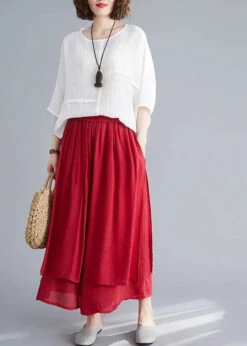 Style Red Elastic Waist Draping Linen Wide Leg Pants Summer LY8652 -Ada Fashion Style Red Elastic Waist Draping Linen Wide Leg Pants Summer Ada Fashion 151393737